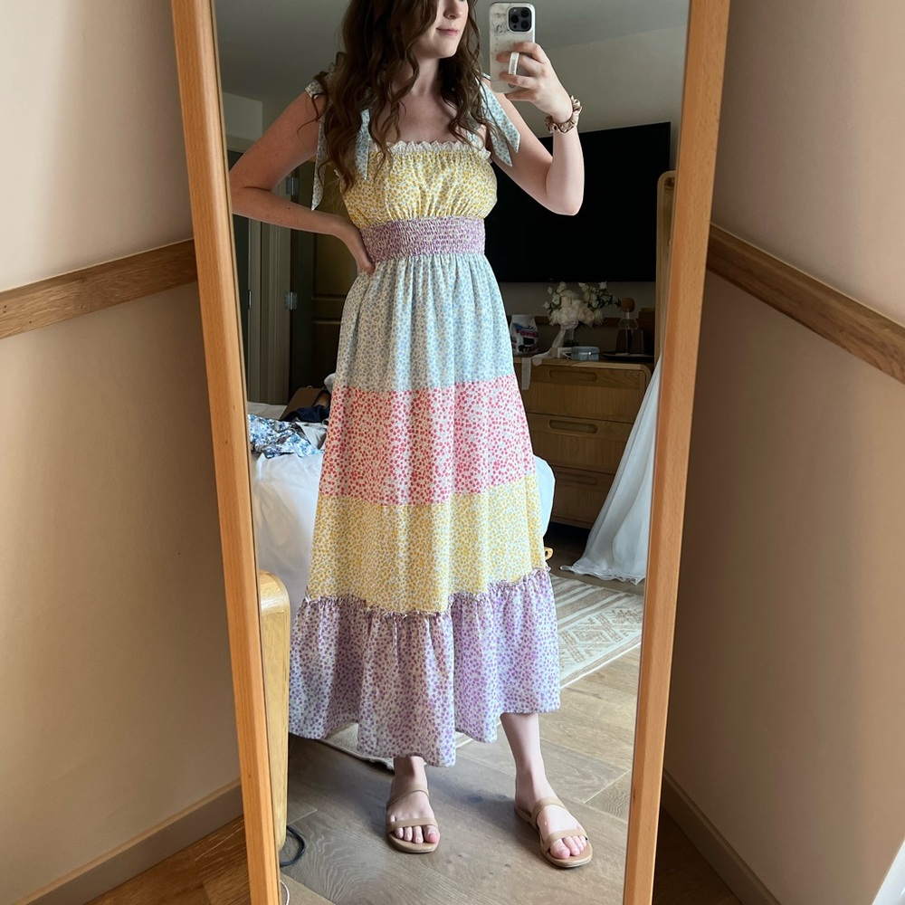 Stellah Mixed Print Tiered Tie Shoulder Milkmaid Maxi Dress